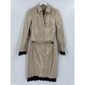 Rena Lange Y2K Skirt Set Womens 6 Beige Black Vintage Lace Trim Silk Satin 3Pc